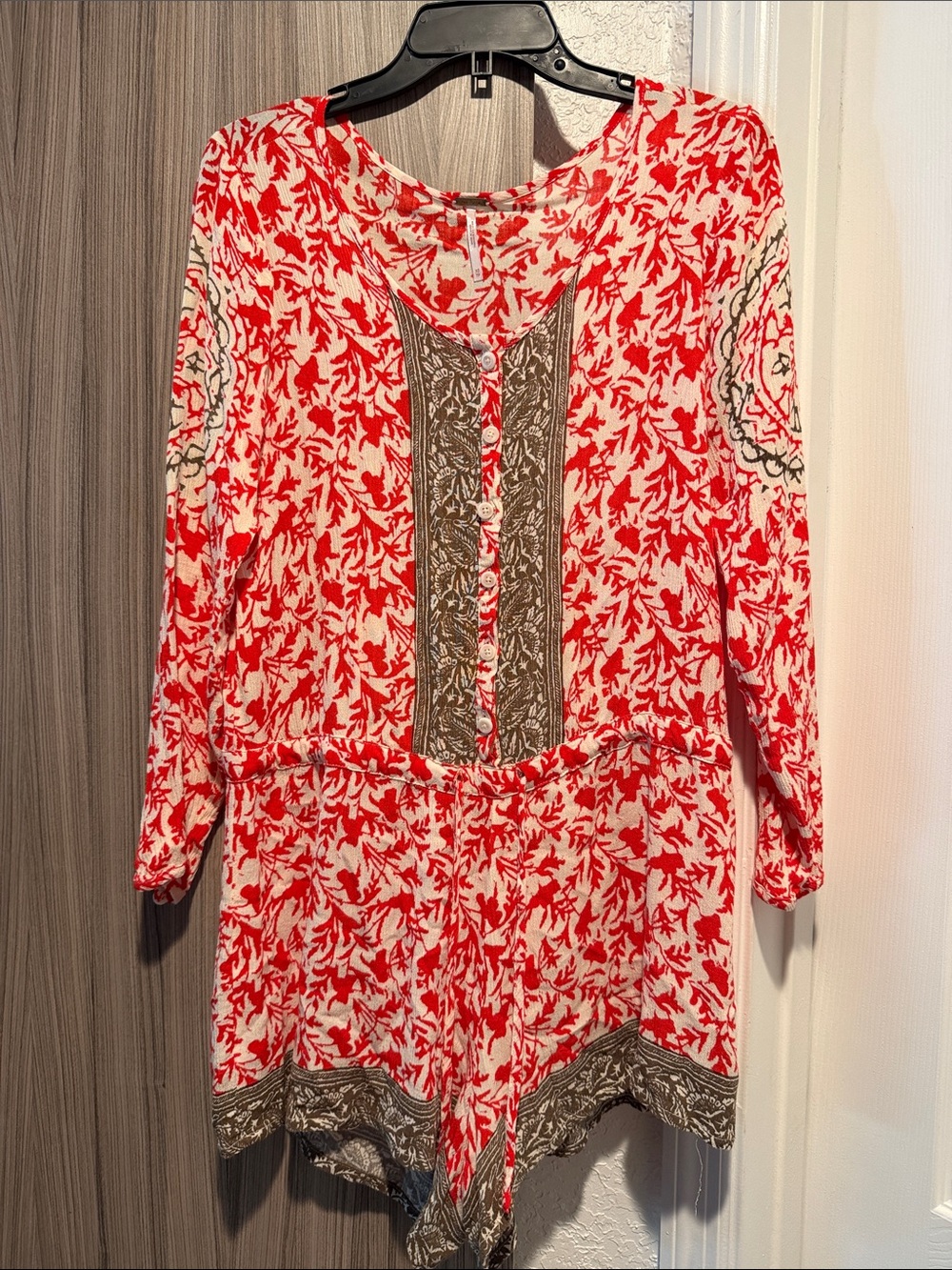 Free People Red and White Floral Romper with Brown Contrast Trim